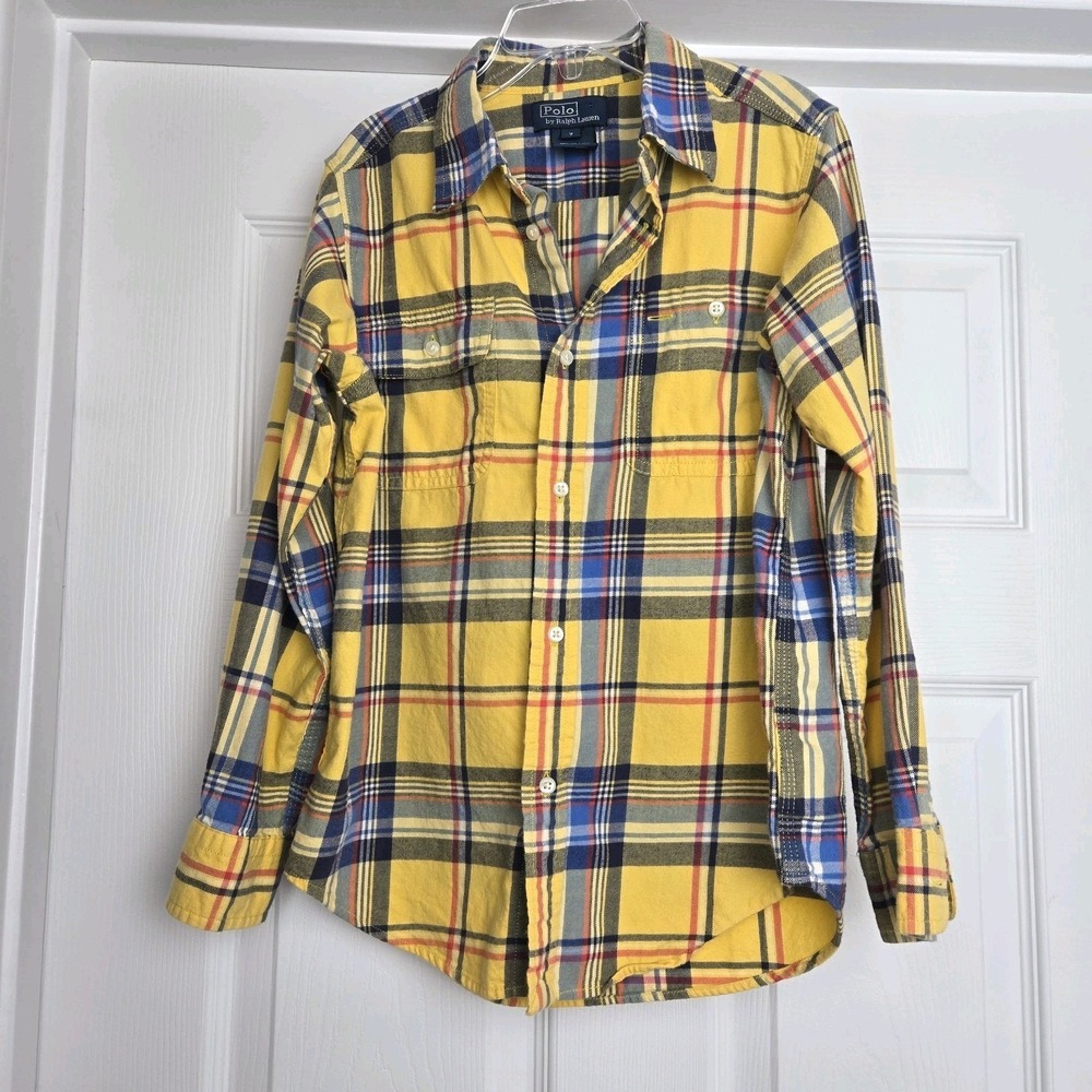 Polo Ralph Lauren Plaid Flannel Shirt Boys Size 7 Yellow Blue Cotton Pockets
